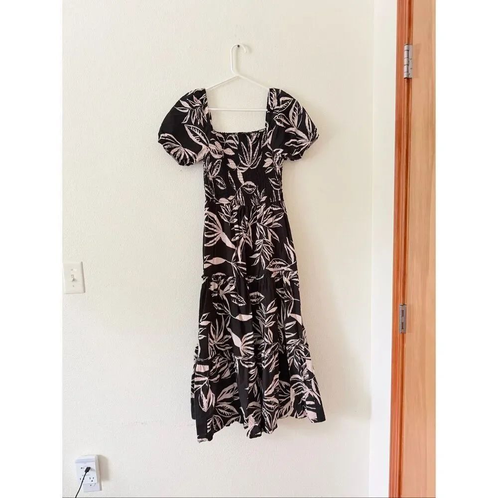 Meadow Rhodes Chic Black and Cream Leaf Pattern Maxi Dress size PS